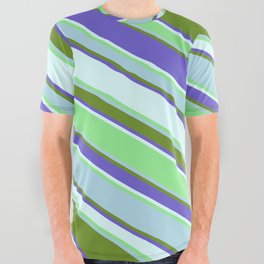[ Thumbnail: Colorful Light Blue, Green, Slate Blue, Light Cyan & Light Green Colored Stripes Pattern All Over Graphic Tee ]