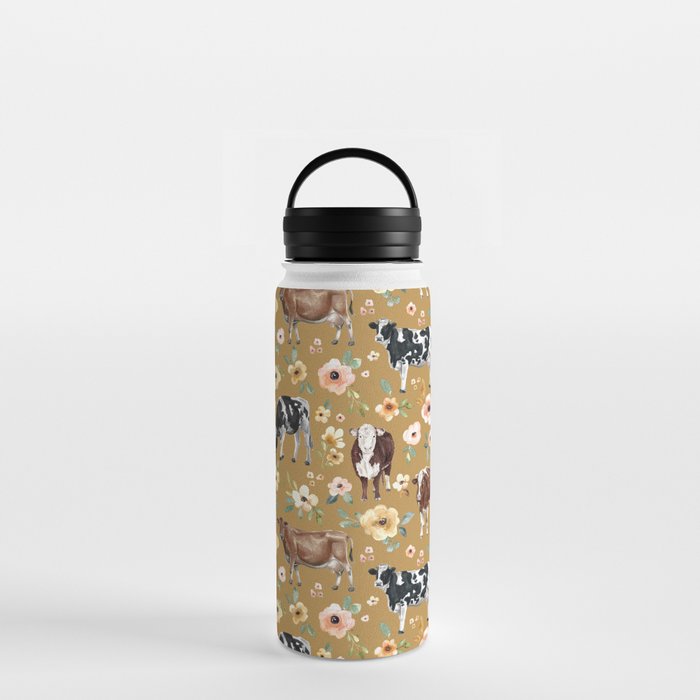Cows and Flowers Illustration on Golden Yellow  Water Bottle