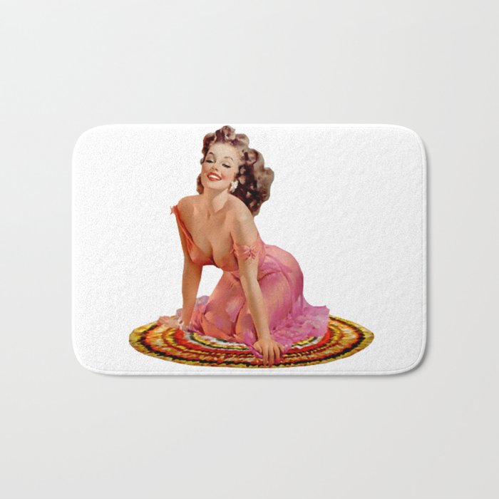 Brunette Pin Up With Pink Dress on Colorful Rug Bath Mat