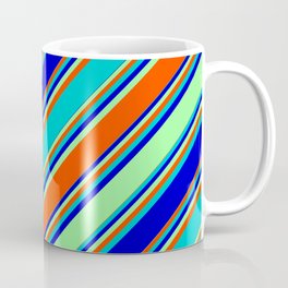 [ Thumbnail: Dark Turquoise, Blue, Green, and Red Colored Striped Pattern Coffee Mug ]