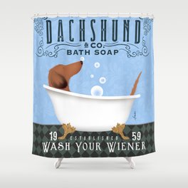 Longhaired Dachshund Wash Your Wiener dog bath clawfoot tub bubble bath soap blue Shower Curtain