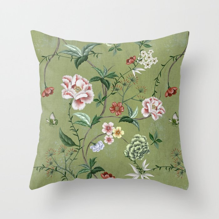 Chinoiserie Regency green, florals Throw Pillow