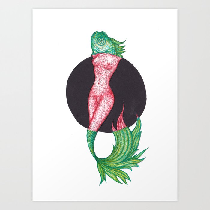 Fish Lady Dotwork Art Print