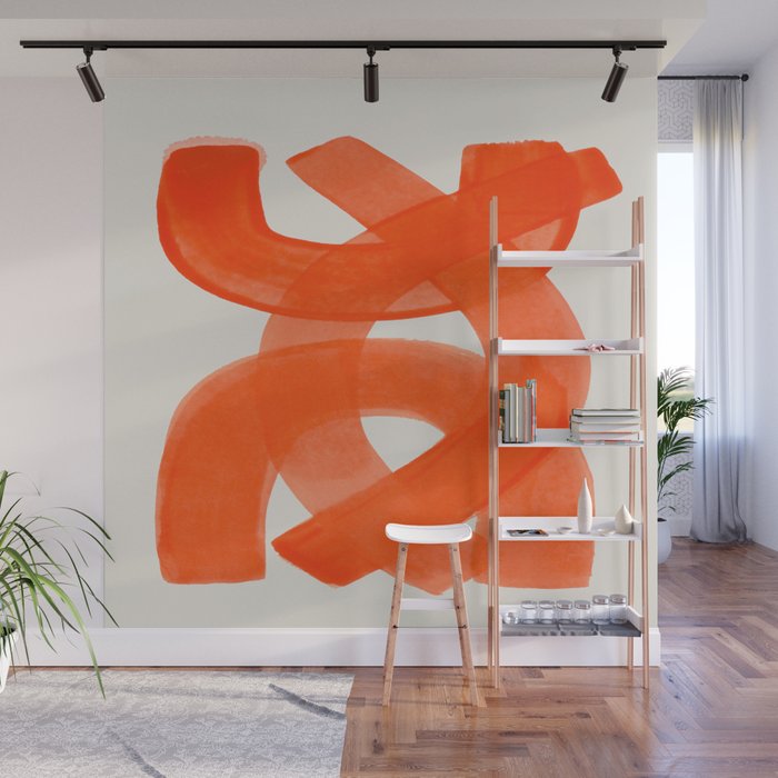 Mid Century Modern Abstract Painting Orange Watercolor Brush Strokes Wall Mural