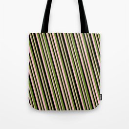 [ Thumbnail: Green, Pink, and Black Colored Striped Pattern Tote Bag ]