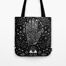 Black background occult pattern with mystical chalk signs Tote Bag