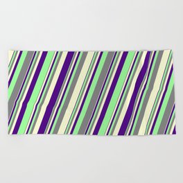 [ Thumbnail: Grey, Light Yellow, Indigo, and Green Colored Lines/Stripes Pattern Beach Towel ]