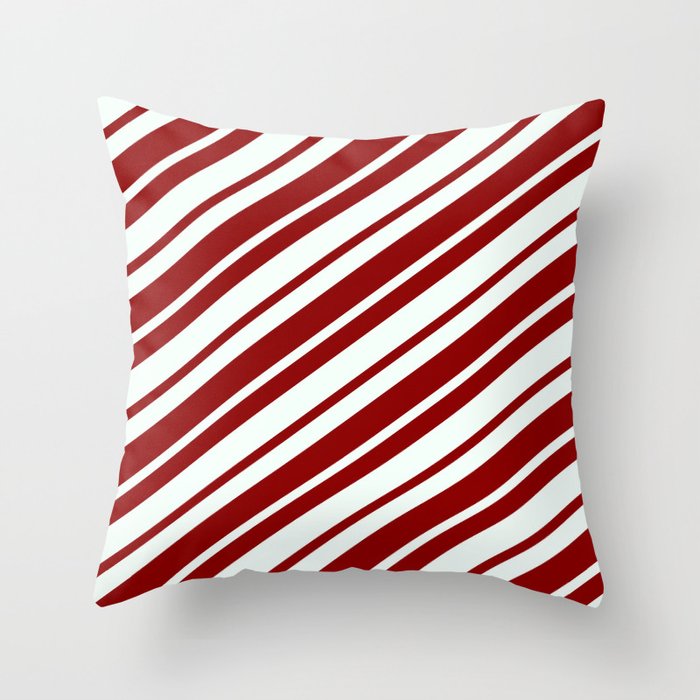 Mint Cream & Dark Red Colored Striped Pattern Throw Pillow