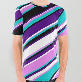 [ Thumbnail: Eyecatching Violet, Dark Turquoise, Black, Indigo & White Colored Lines/Stripes Pattern All Over Graphic Tee ]
