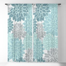 Dahlia Floral Blooms in Teal and Gray Sheer Curtain