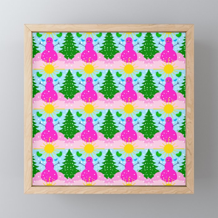 Mini Pink Snowman Woodland Holiday Sunshine And Birds Cute Colorful Retro Modern Scandi Bright Bold Cheerful Christmas Winter Snow  Framed Mini Art Print
