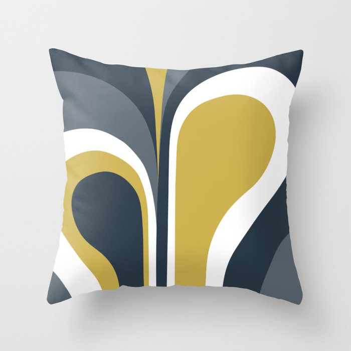 Retro Groovy Abstract Design Navy Blue, Mustard Yellow, Grey and white Throw Pillow