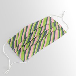 [ Thumbnail: Light Pink, Green & Dark Slate Gray Colored Striped/Lined Pattern Face Mask ]