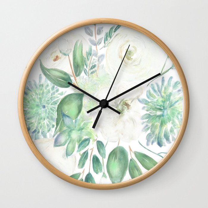 Handmade white flowers watercolor composition  Wall Clock