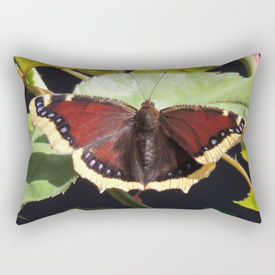 Mourning Cloak Butterfly at Rest on a Rose Leaf Rectangular Pillow