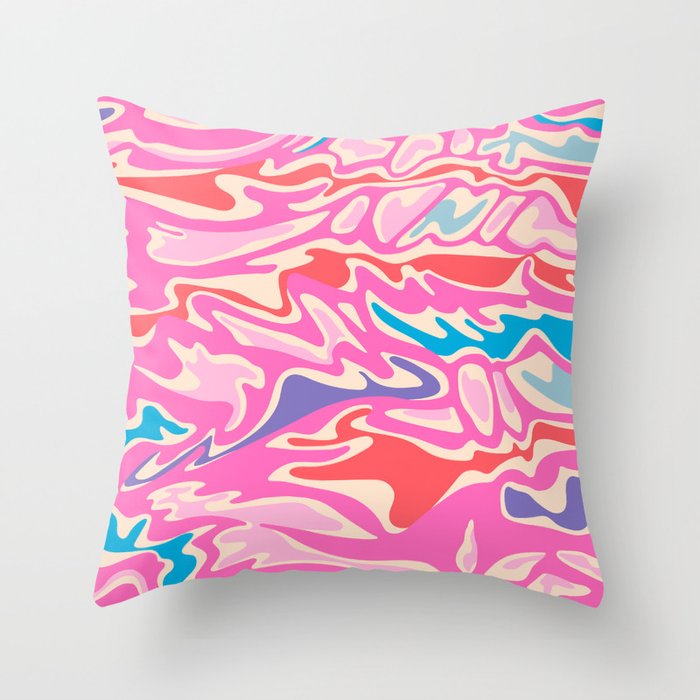 FLOW MARBLED ABSTRACT in FUCHSIA PINK, RED AND BLUE Throw Pillow