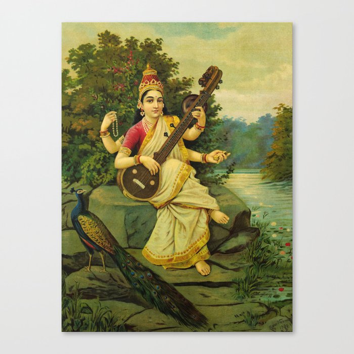 Saraswati, Goddess of Music by Raja Ravi Varma Canvas Print