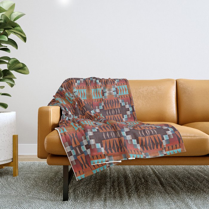 Red Brown Turquoise Orange Native American Indian Mosaic Pattern Throw Blanket