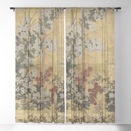 White Red Chrysanthemums Floral Japanese Gold Screen Sheer Curtain