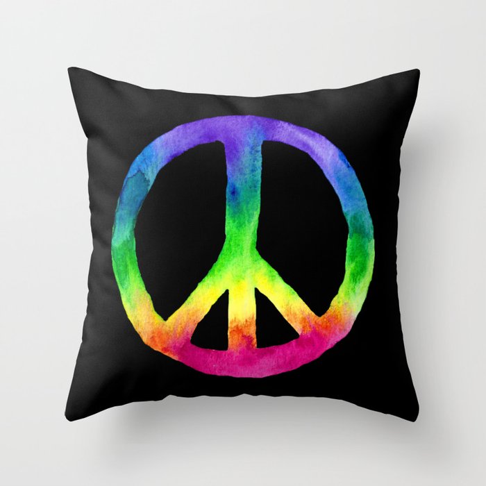 Rainbow Watercolor Peace Sign - Black Background Throw Pillow