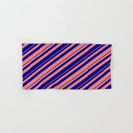 [ Thumbnail: Blue and Light Coral Colored Lined Pattern Hand & Bath Towel ]