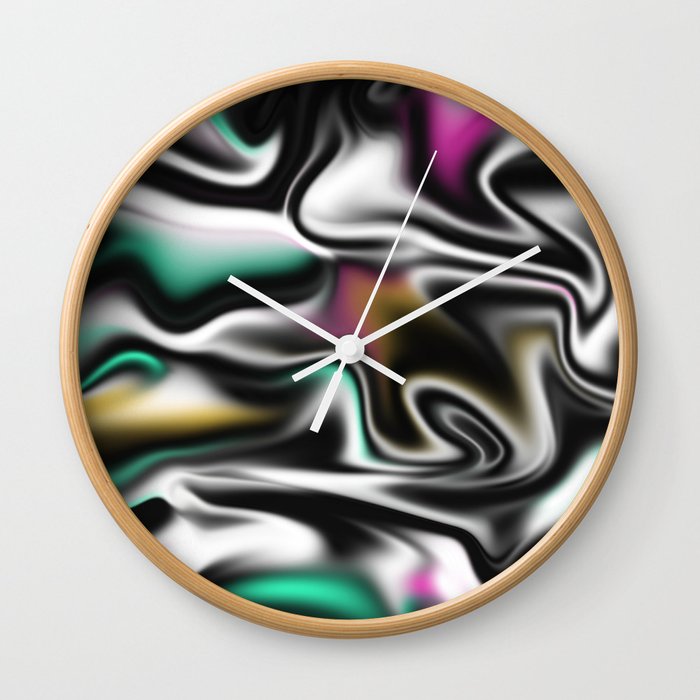 Psychedelic Liquid Abstract Paint In Black White Pink Turquoise Wall Clock