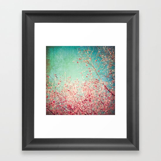Blue Autumn, Pink leafs on blue, turquoise, green, aqua sky Framed Art Print