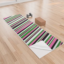 [ Thumbnail: Hot Pink, Forest Green, Mint Cream & Black Colored Stripes Pattern Yoga Towel ]