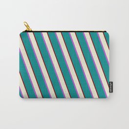 [ Thumbnail: Beige, Orchid, Dark Cyan, and Maroon Colored Striped/Lined Pattern Carry-All Pouch ]