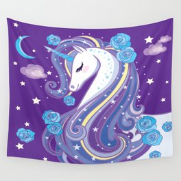 Magical Unicorn in Purple Sky Wall Tapestry