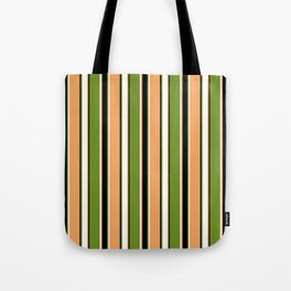 [ Thumbnail: Brown, White, Green, and Black Colored Striped/Lined Pattern Tote Bag ]