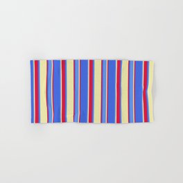 [ Thumbnail: Pale Goldenrod, Cornflower Blue, Royal Blue & Crimson Colored Striped/Lined Pattern Hand & Bath Towel ]