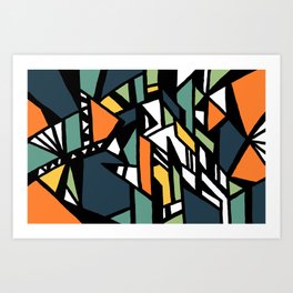 Abstract Geometric Shapes in black line and green, orange, yellow color Art Print