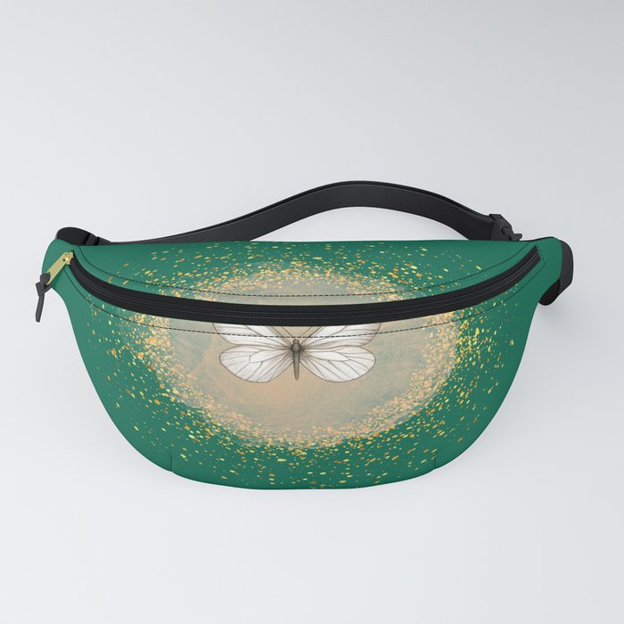 Hand-Drawn Butterfly and Gold Circle Frame on Empire Dark Green Fanny Pack