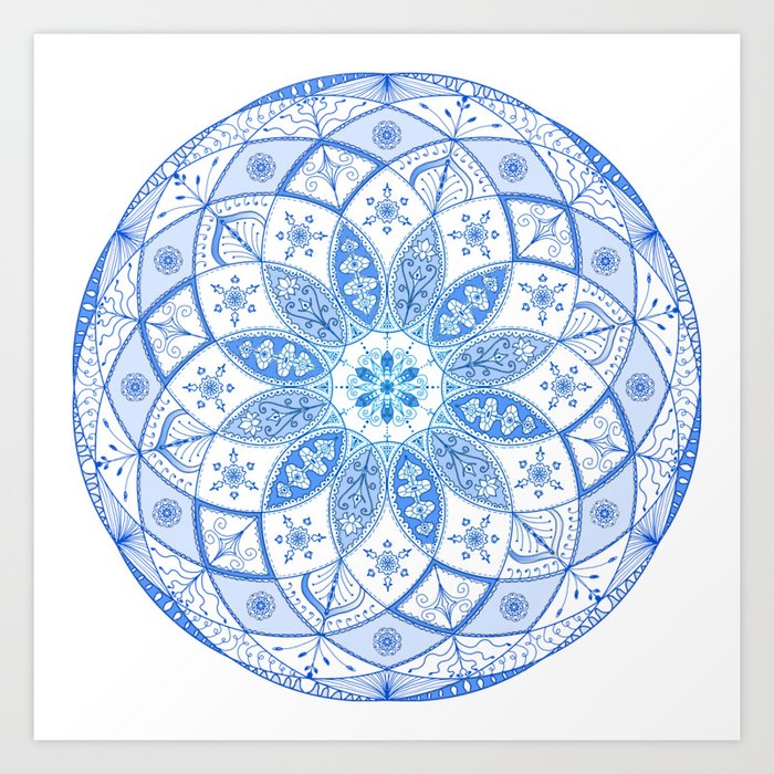 Blue Mandala Spirograph Art Pattern Design Rosette Art Print by Zebra Fish