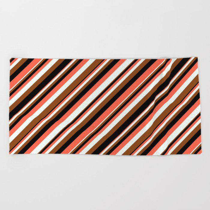 Red, Mint Cream, Brown, and Black Colored Striped/Lined Pattern Beach Towel