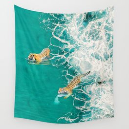 Big Cat Tiger Surfing At Beach Wall Tapestry