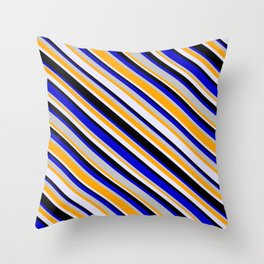 [ Thumbnail: Eye-catching Blue, Grey, Orange, Lavender, and Black Colored Stripes/Lines Pattern Throw Pillow ]