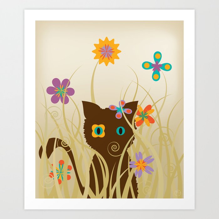 Whimsical Blooming Flowers and Brown Kitty Cat Art Print