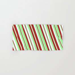 [ Thumbnail: Mint Cream, Red & Green Colored Lined Pattern Hand & Bath Towel ]