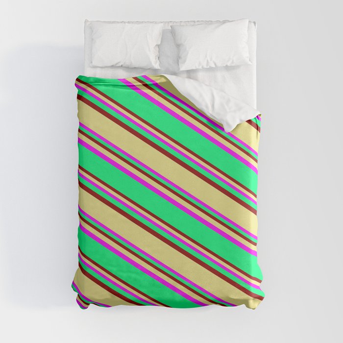 Fuchsia, Green, Dark Red & Tan Colored Lines Pattern Duvet Cover