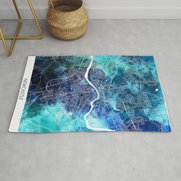 Newcastle Map Navy Blue Turquoise Watercolor Newcastle UK City Map Area & Throw Rug