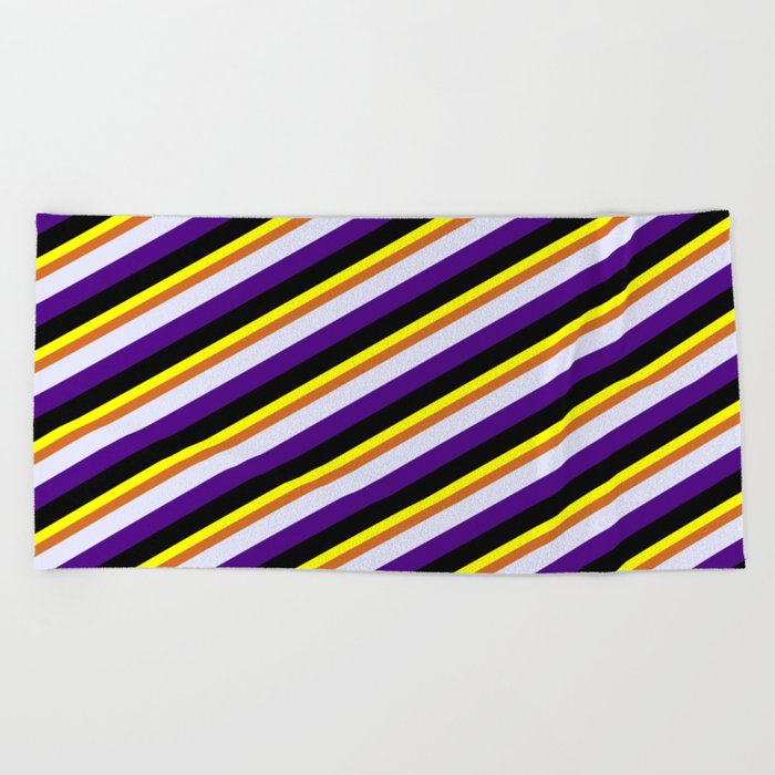 Yellow, Chocolate, Lavender, Indigo, and Black Colored Lined Pattern Beach Towel