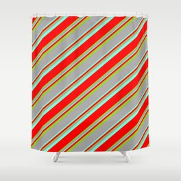 [ Thumbnail: Dark Gray, Aquamarine, Red & Green Colored Lines Pattern Shower Curtain ]