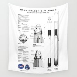 NASA SpaceX Crew Dragon Spacecraft & Falcon 9 Rocket Blueprint in High Resolution (white) Wall Tapestry