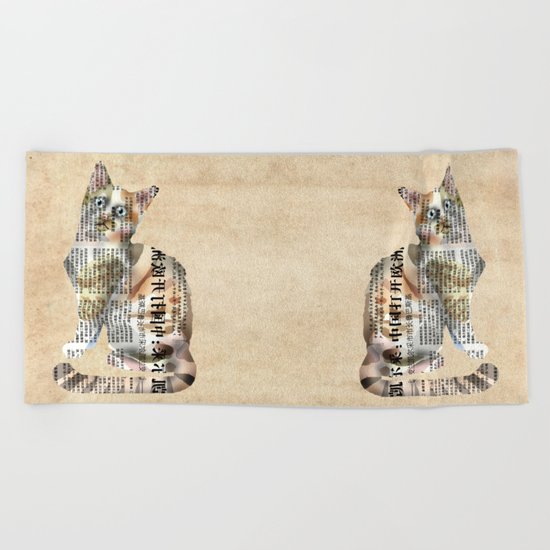 Cat Newspaper Collage Beach Towel