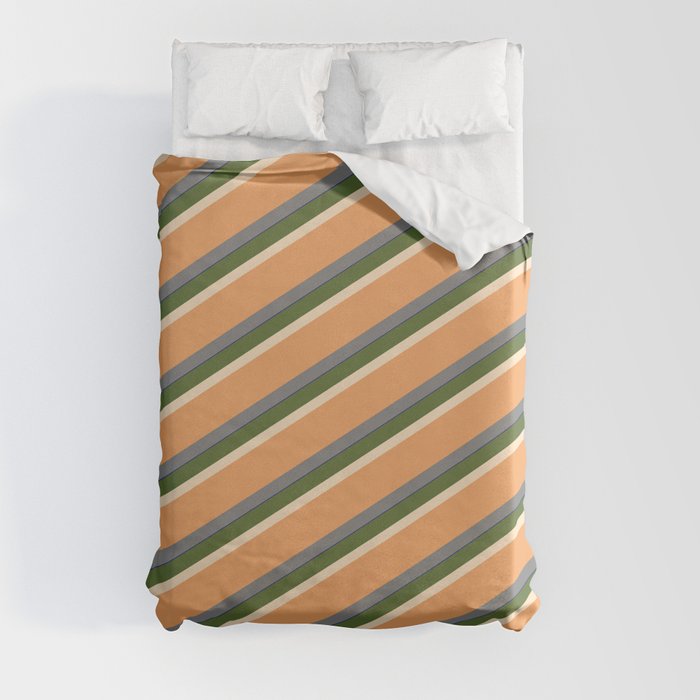 Vibrant Dark Olive Green, Bisque, Brown, Gray, and Dark Blue Colored Striped Pattern Duvet Cover