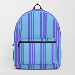 [ Thumbnail: Medium Slate Blue and Light Sky Blue Colored Pattern of Stripes Backpack ]