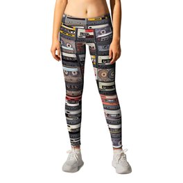 Huge collection of audio cassettes. Retro musical background Leggings