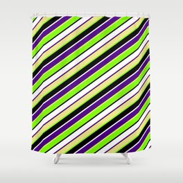 [ Thumbnail: Eye-catching Indigo, Tan, Green, Black & White Colored Lined/Striped Pattern Shower Curtain ]